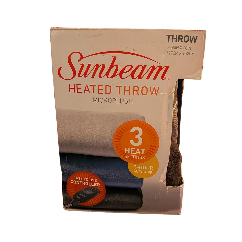 Sunbeam Heated Throw Microplush Electric Blanket 50x60 Brown 3 Heat Settings New